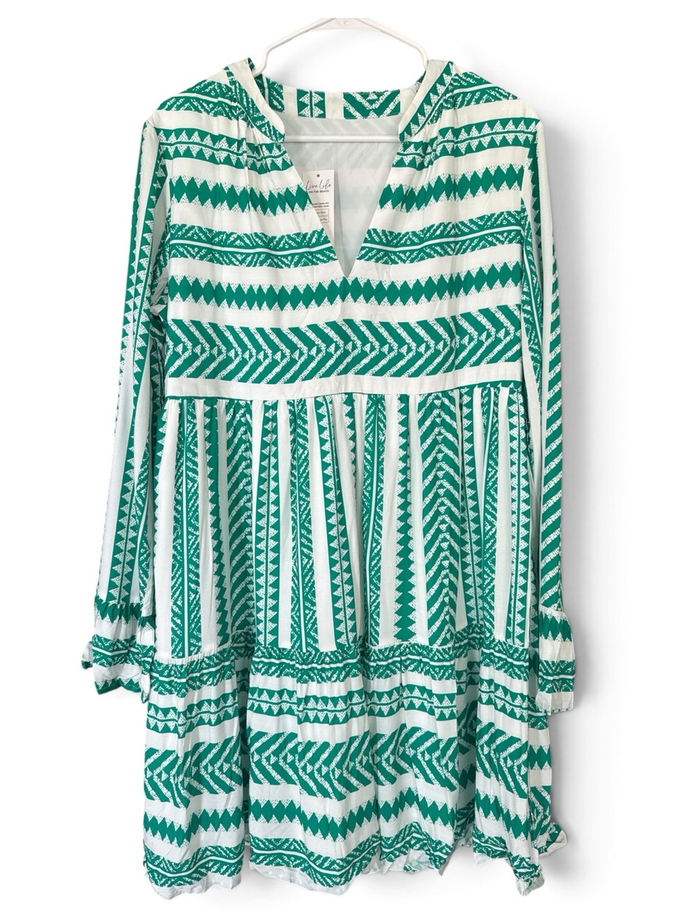 NWT Cupshe Green Patterned V-Neck Long Sleeve Ruffled Coverup Sun Dress - Large - Picture 2 of 6